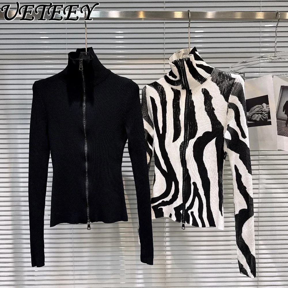 

Autumn Winter New Niche Design Fashionable Slim High Neck Zipper Knitwear Elegant Women's Fashion Versatile Long Sleeve Cardigan