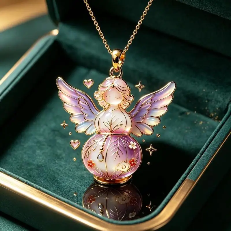 Ethnic Imitation Jade Pendant Fortune Gourd With Angel Wings Charm Unisex Jewelry For Holiday Travel Casual Wear