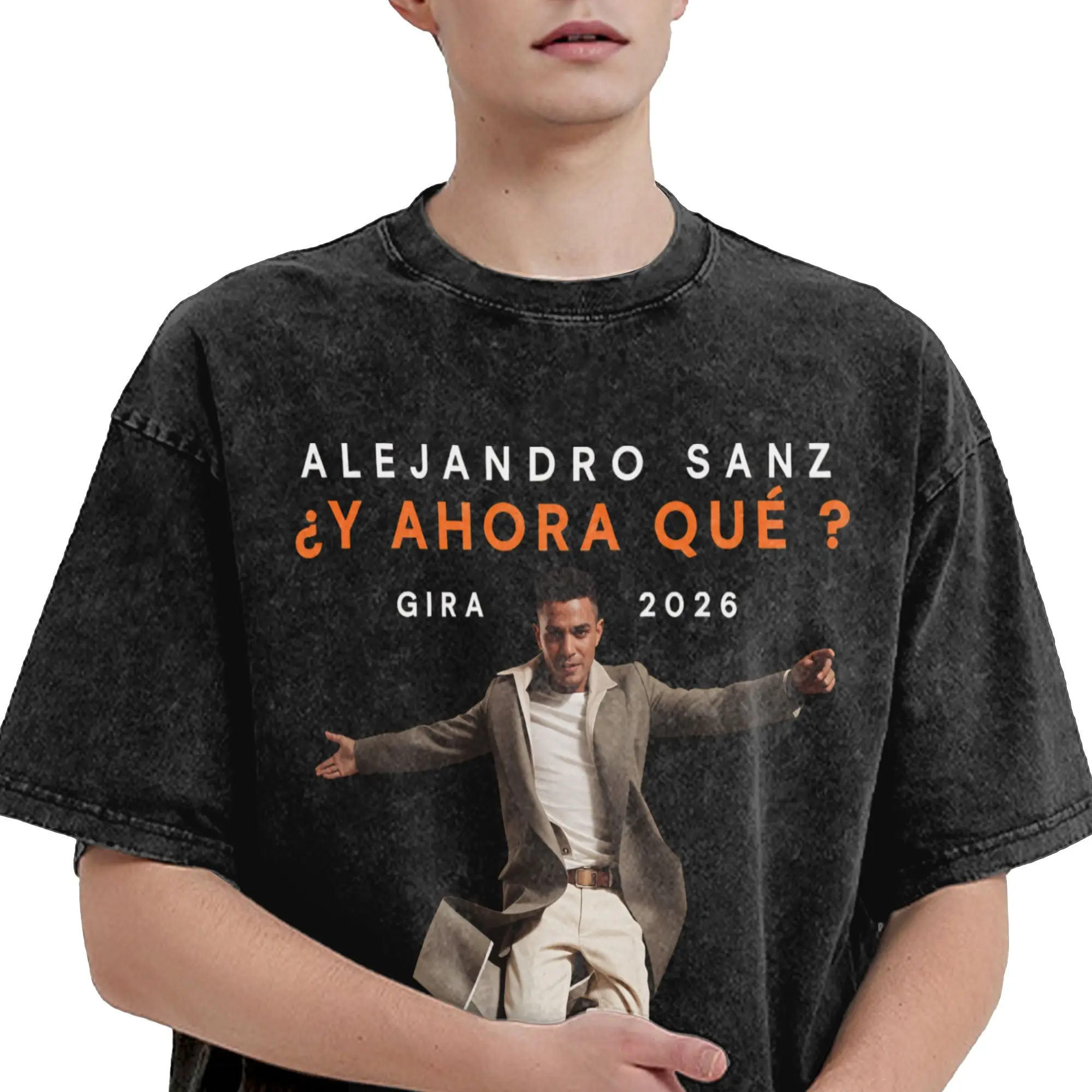 Harajuku Washed Shirt Alejandro Sanz 2026 Concert Merch Fashion T-Shirts Oversize Streetwear Short Sleeve Graphic Printed Shirt