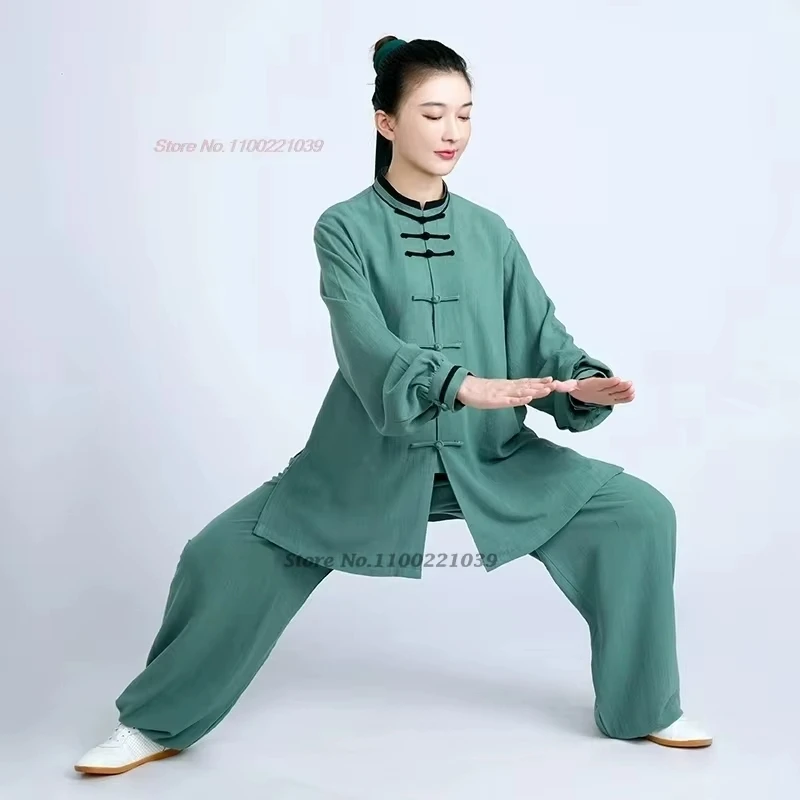 2024 traditional tai chi kungfu exercise tops+pants set vintage cotton linen martial arts training practice performance clothes