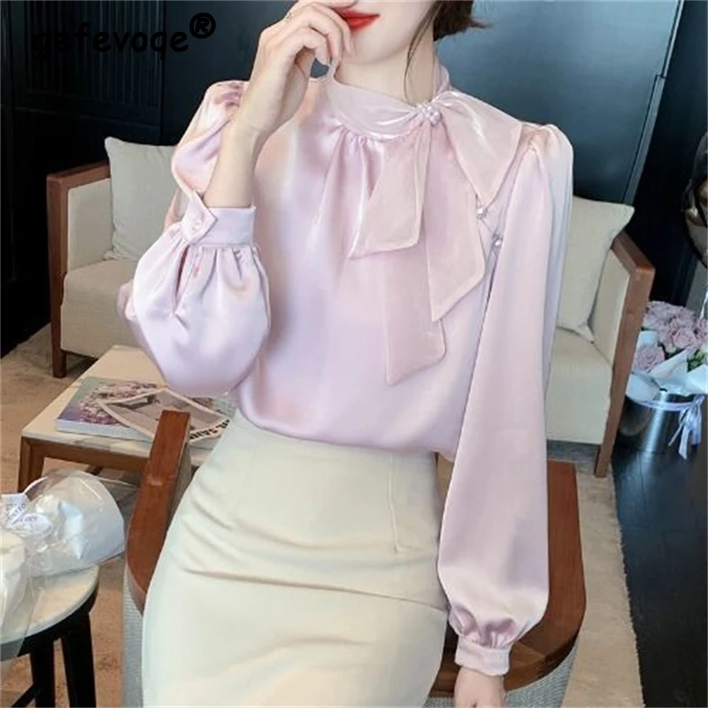 Womens Korean Fashion Beaded Bow High Quality Blouse Office Lady Elegant Chic Commute Shirt Ruffled Long Sleeve Loose Fairy Tops