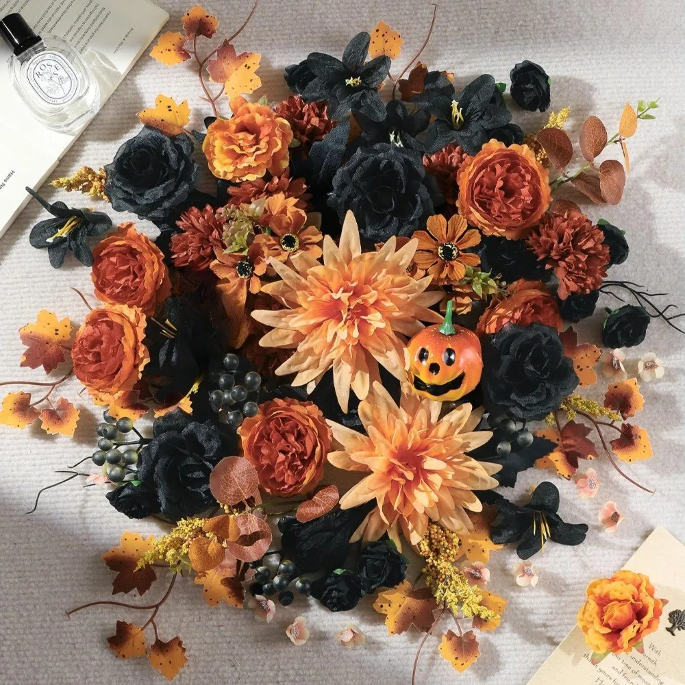 20Pcs Halloween Artificial Flower Heads Black Orange Gothic Faux Flowers Fall Leaves for Vase Arrangement Table Party Decor