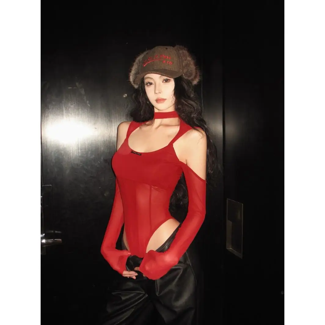 매혹적인 바디수트 긴팔 시스루 바디수트 오프숄더 시스루 바디수트 몸매를 돋보이게 하는 아메리칸 스타일 레오타드