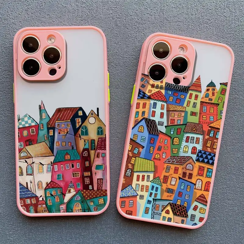 Colorful Town Phone Case for Iphone X XR XS 7 8 Plus 15 14 16 Pro Plus 13 12 11 Pro Max Mini SE2 Shockproof Back Cover Fundas