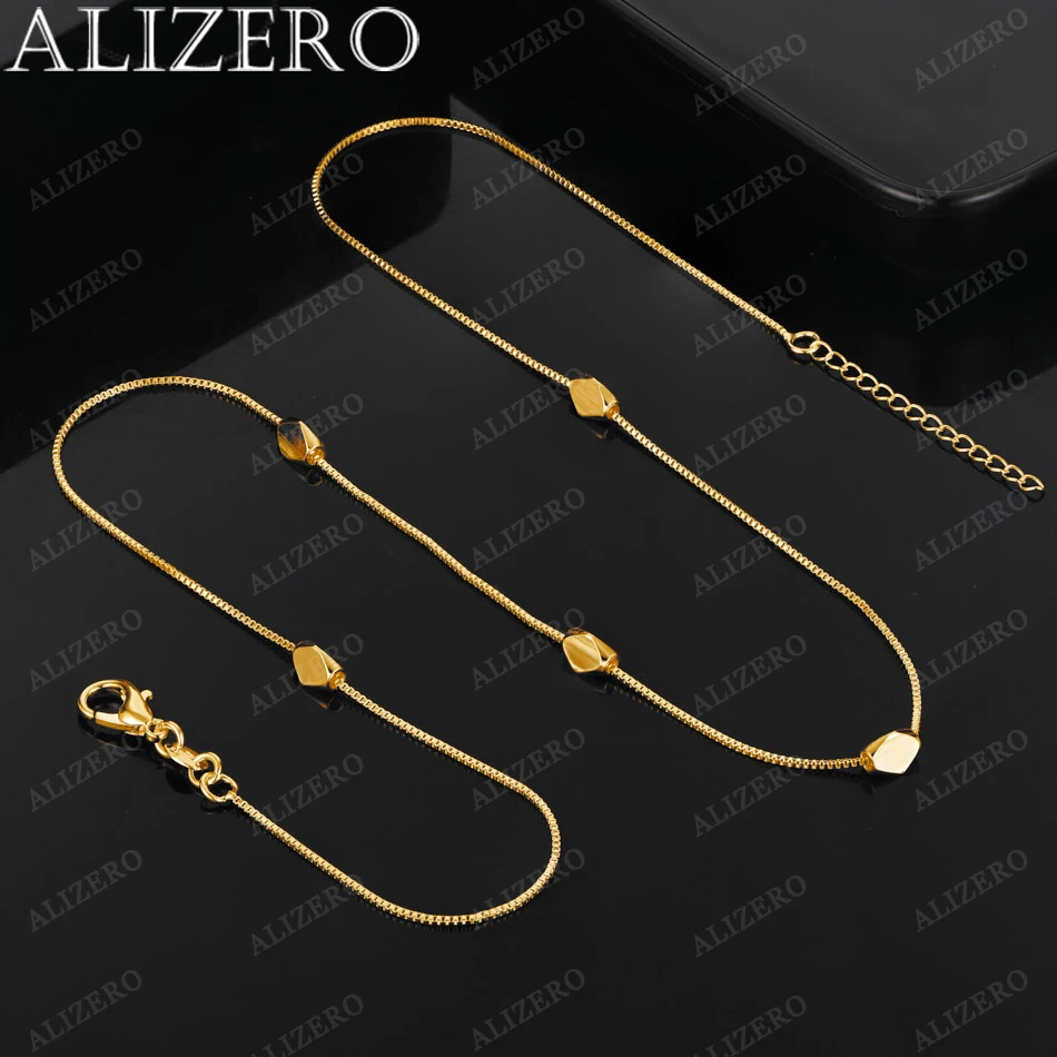 

ALIZERO 18K Gold Necklace 20 Inch Box Chain Geometry Beads Necklace For Women Men Fashion Wedding Party Fine Jewelry Gifts