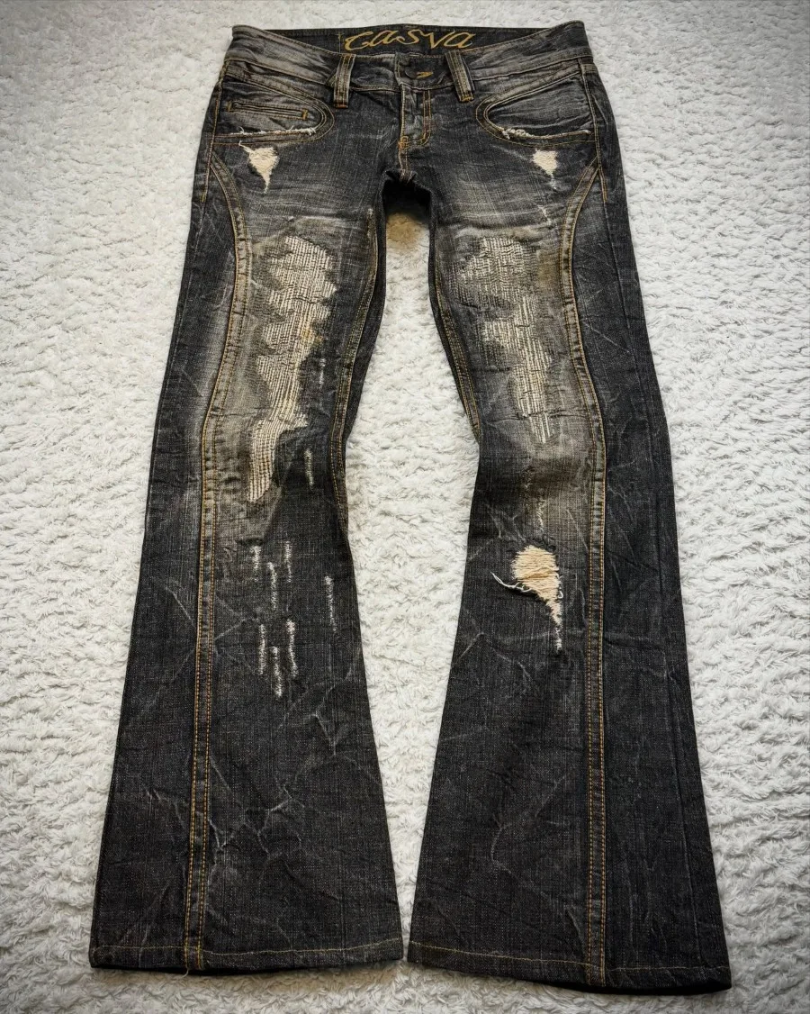 Calças Jeans Rasgadas Estilo Punk Retrô Americano 2026 Masculinas e Femininas Y2K Moda High Street Lavadas Cintura Alta Oversized com Caimento Longo