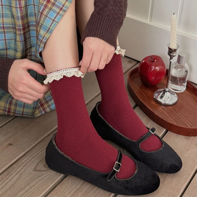 Lolita Lace Ruffle Socks Women Harajuku Vintage Knitted Cotton Elastic Long Socks JK Sweer Girls Retro Red Middle Tube Socks Sox