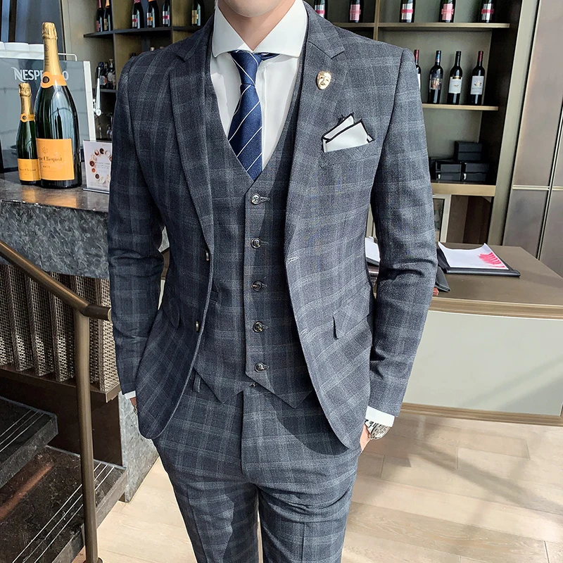 Plaid  (suit + Waistcoat + Trousers) Wedding Dress Fashion and Handsome Fashion British Style Slim-fit Business Three-piece Set