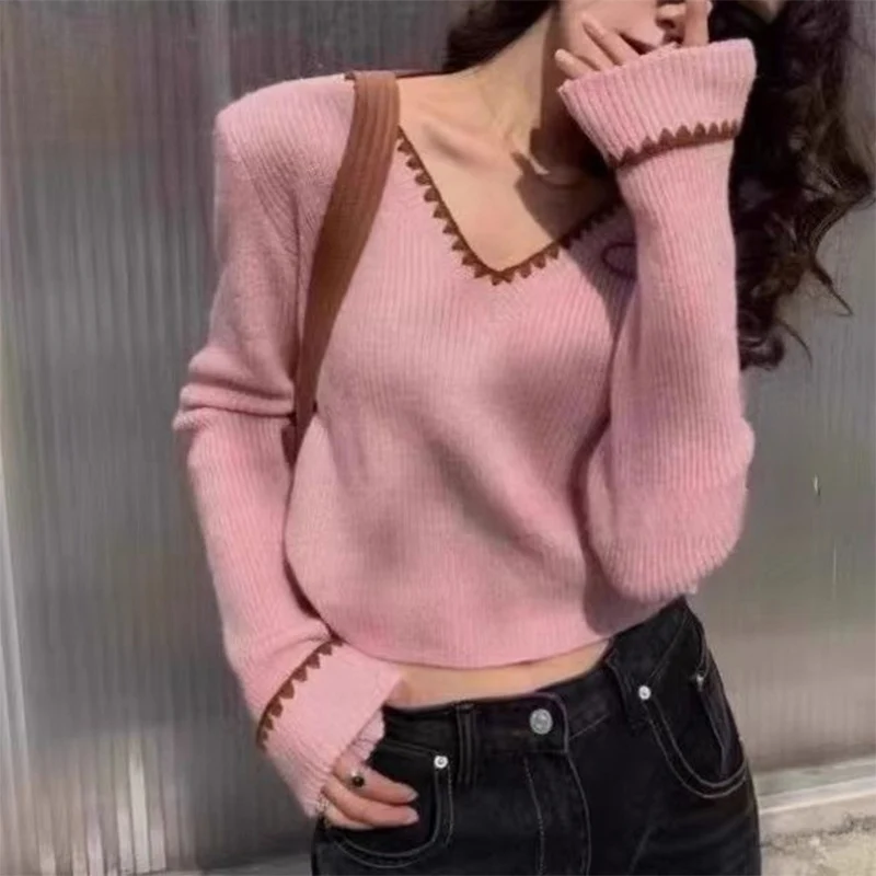 Korean Contrast Color Cropped Sweater Pullover Women Autumn V-Neck Knitted Pullovers Y2K Streetwear Long Sleeve Knitting Jumpers