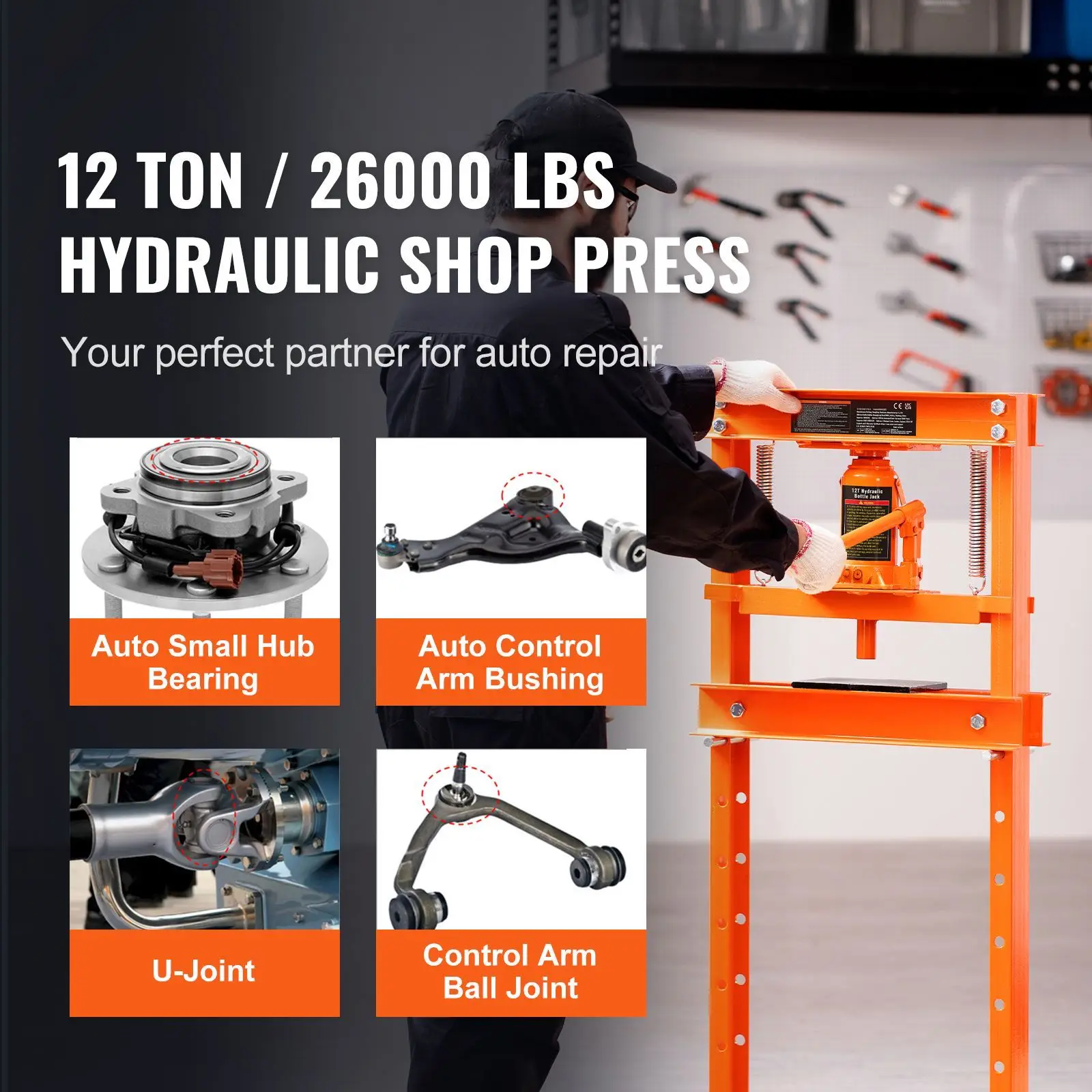 Hydraulic Shop Press, 12 Ton H-Frame Hydraulic Garage/Shop Floor Press, Adjustable Shop Press with Press Plates, Heavy Duty Hydr