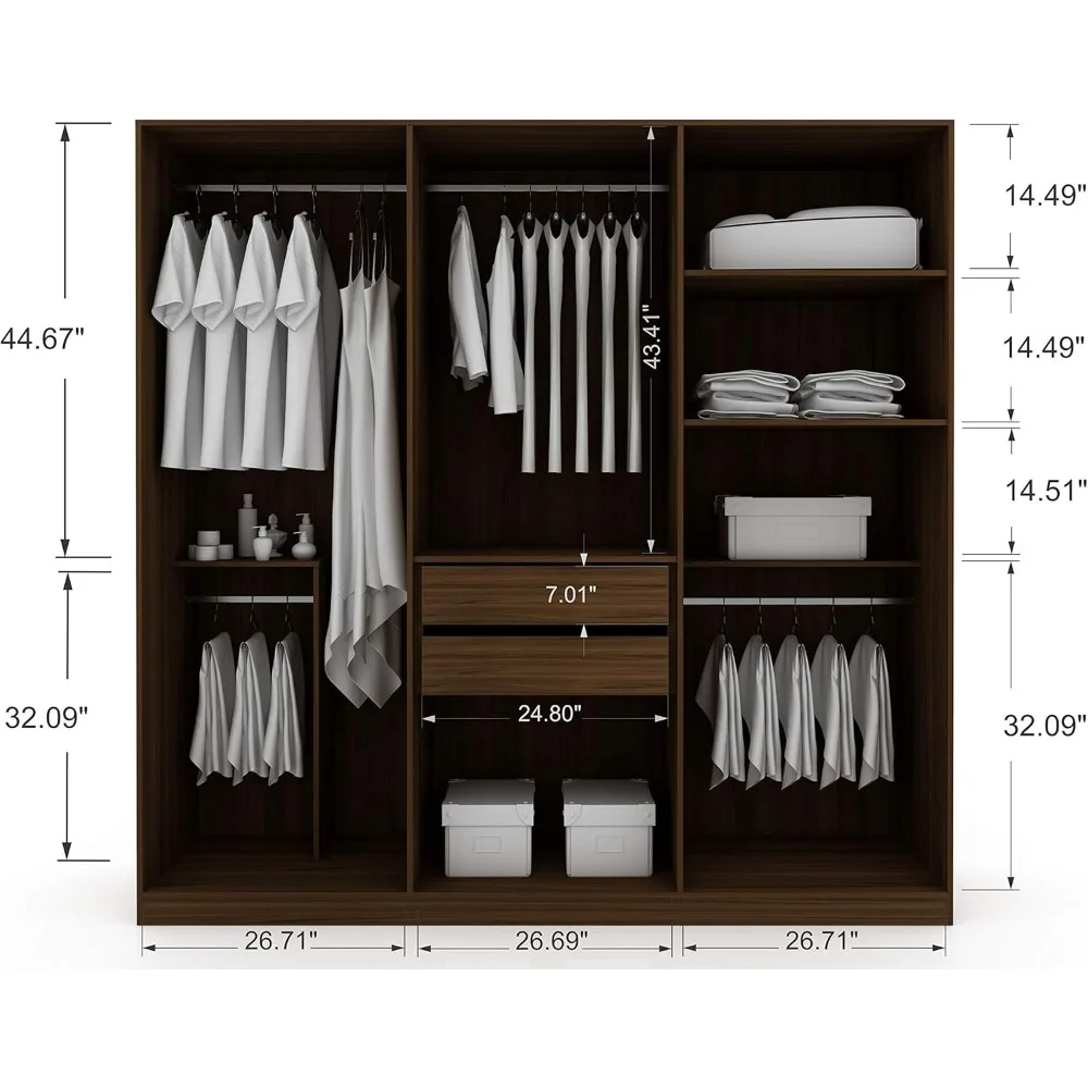 Gramercy Modern Freestanding Armoire Wardrobe Closet, Stylish 3-Sectional Organizer with Hanging Rods, Drawers, and Shelf Space