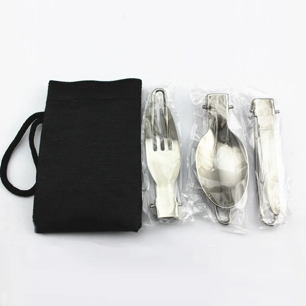 3 PCS 1 Set Stainless Steel Folding Utensil Set Waterproof Reusable Flatware Set Storage Pouch Fork Spoon Hiking Travel Gear