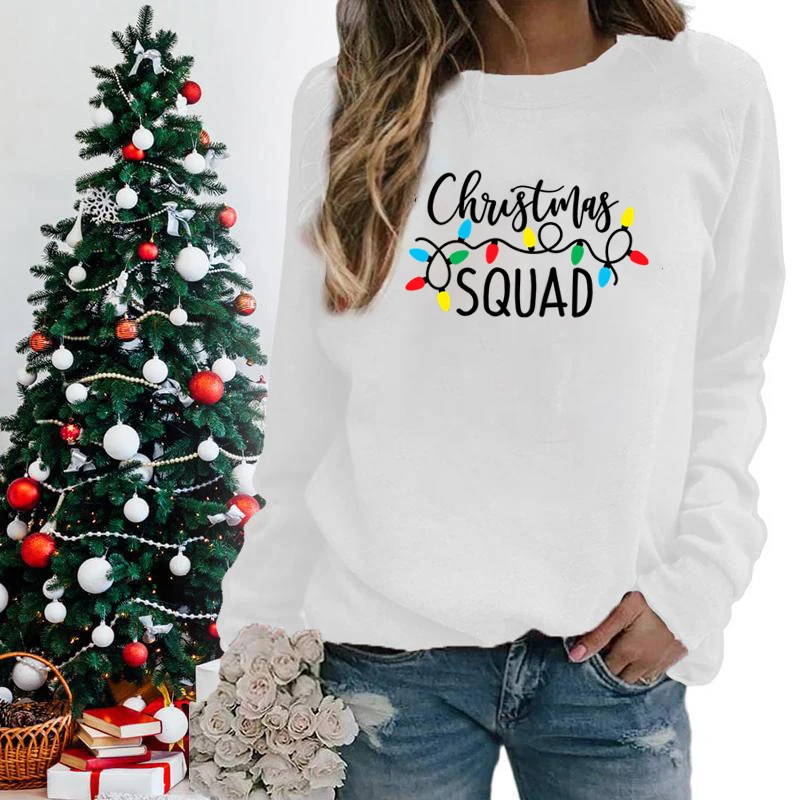 Lampu Natal cetakan pasukan Natal Crew Neck Sweatshirt motif mode kaus kasual natal wanita hadiah Natal