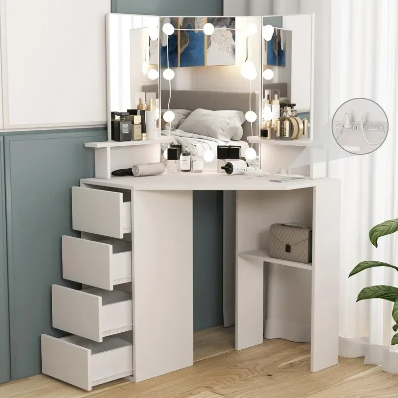 Corner Desk with Lighted Mirror & Power Strip,White Makeup Table, 42 inch Corner Vanity Mirror with Lights and 4 Drawer,