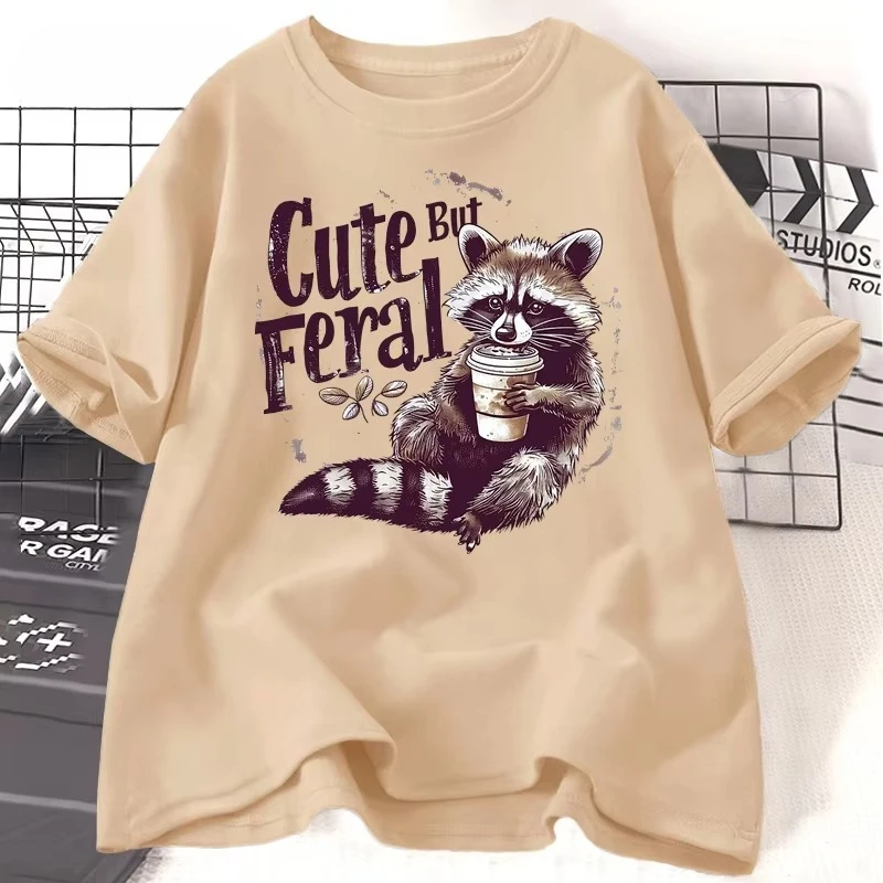 Funny Racoon Cute But Feral T Shirt Women Funny Opossum Tee Retro Animal Meme T-shirt Cotton Short Sleeve Clothing Female Tees