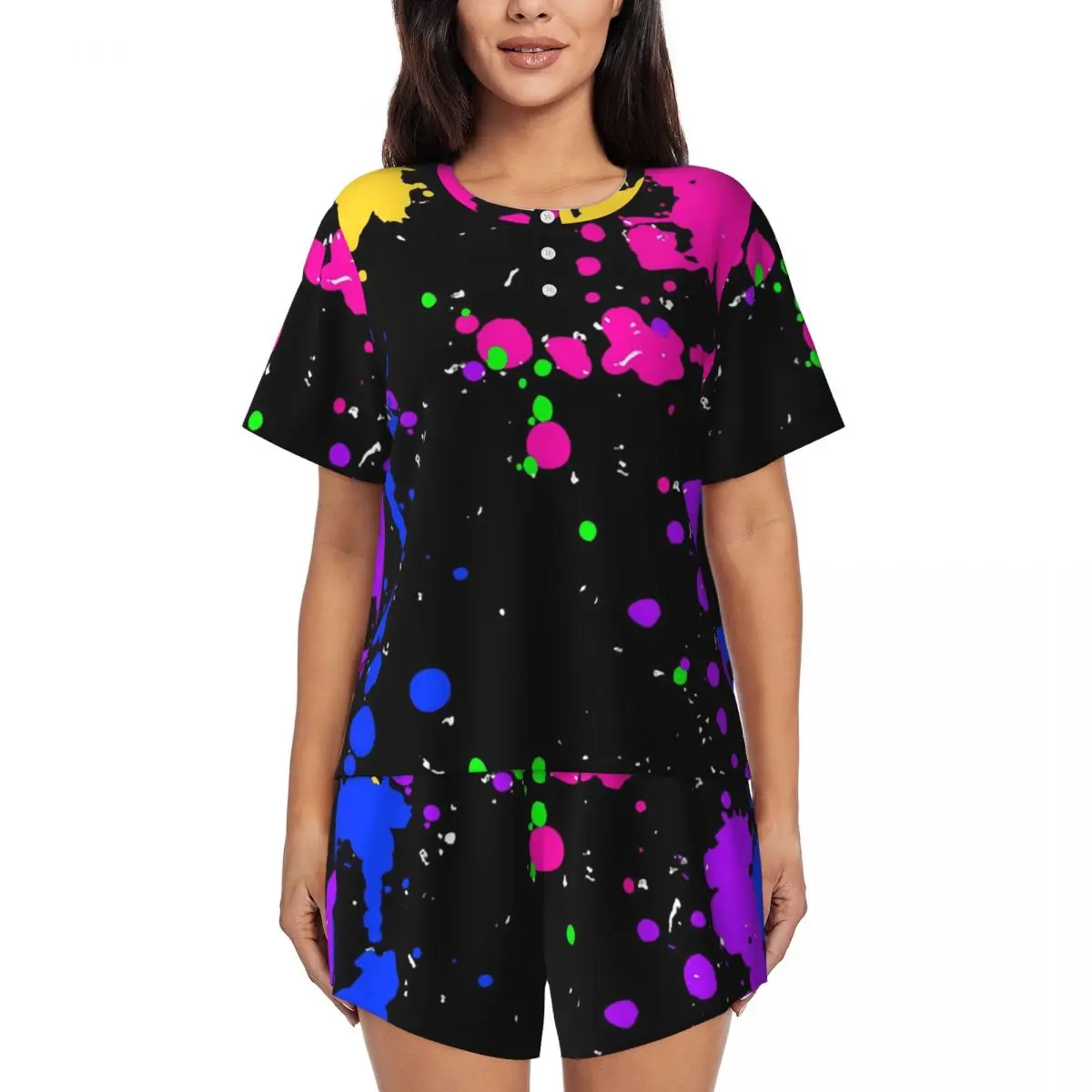 

Colorful Graffiti Splatter Print Round Neck Short Sleeves Nightdress for Sleeping Sleepshirts Women Soft Pajama Set Short Pants