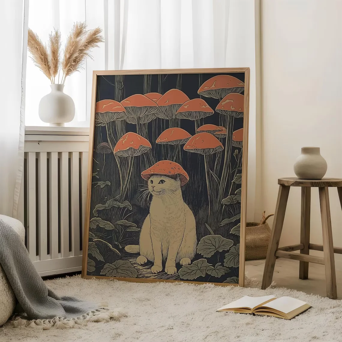 Gato con sombrero de hongo |   Arte de Gatos Caprichosos |   Arte del Bosque de Fantasía |   Hongo Vintage con Forma de Gato |   Decoración de Gatos |   Arte Retro de Gatos |   Bosque
