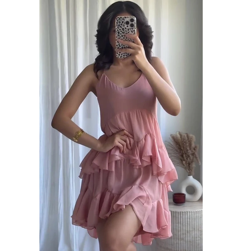 Asymetryczna sukienka z falbanką na imprezę na lato z dekoltem w szpic w jednolitym kolorze różowa moda damska sukienka wsuwana Streetwear wakacyjne ubrania damskie