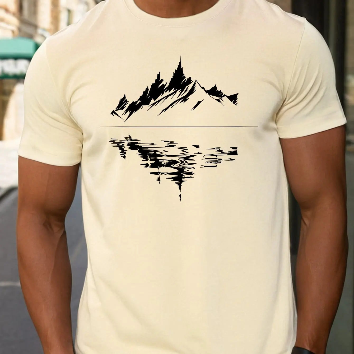 Men's Summer 100 Pure Cotton Fashionable Casual Loose Fit Plus Mountain Reflection Printed Round Neck Short Sleeved Cotton Top
