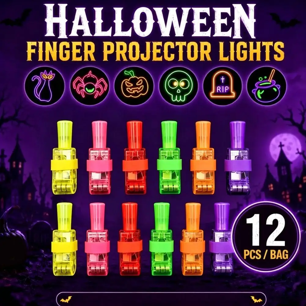 12/24pcs LED Christmas Halloween Finger Projector Lights Santa Snowman Reindeer Projection Finger Lamp Kids Holiday Party Toy
