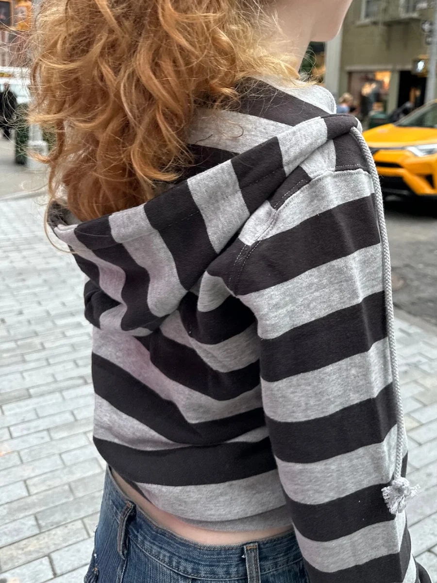 Stripes Vintage Zip-up felpa con cappuccio donna coulisse con cappuccio manica lunga cappotto di cotone Casual stile Preppy dolce carino felpe con