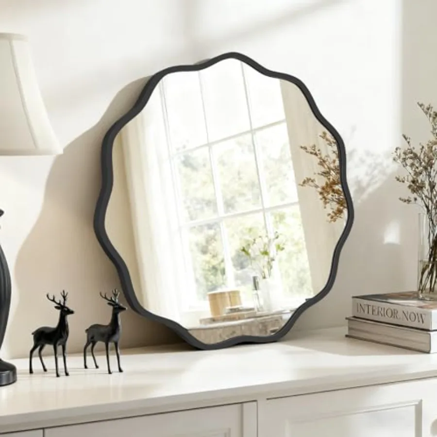 

24 Inch Wavy Round Wall Mirror Round Wavy Wall Mirror with Aluminum Frame for Bathroom Upgrades Hotels Dressing Tables Farmhous