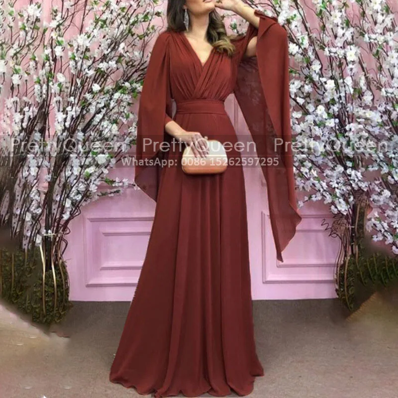 Cheap A Line Bridesmaid Dresses Customized Long Capped Sleeves V Neck Burnt Orange Chiffon Women Wedding Party Dress