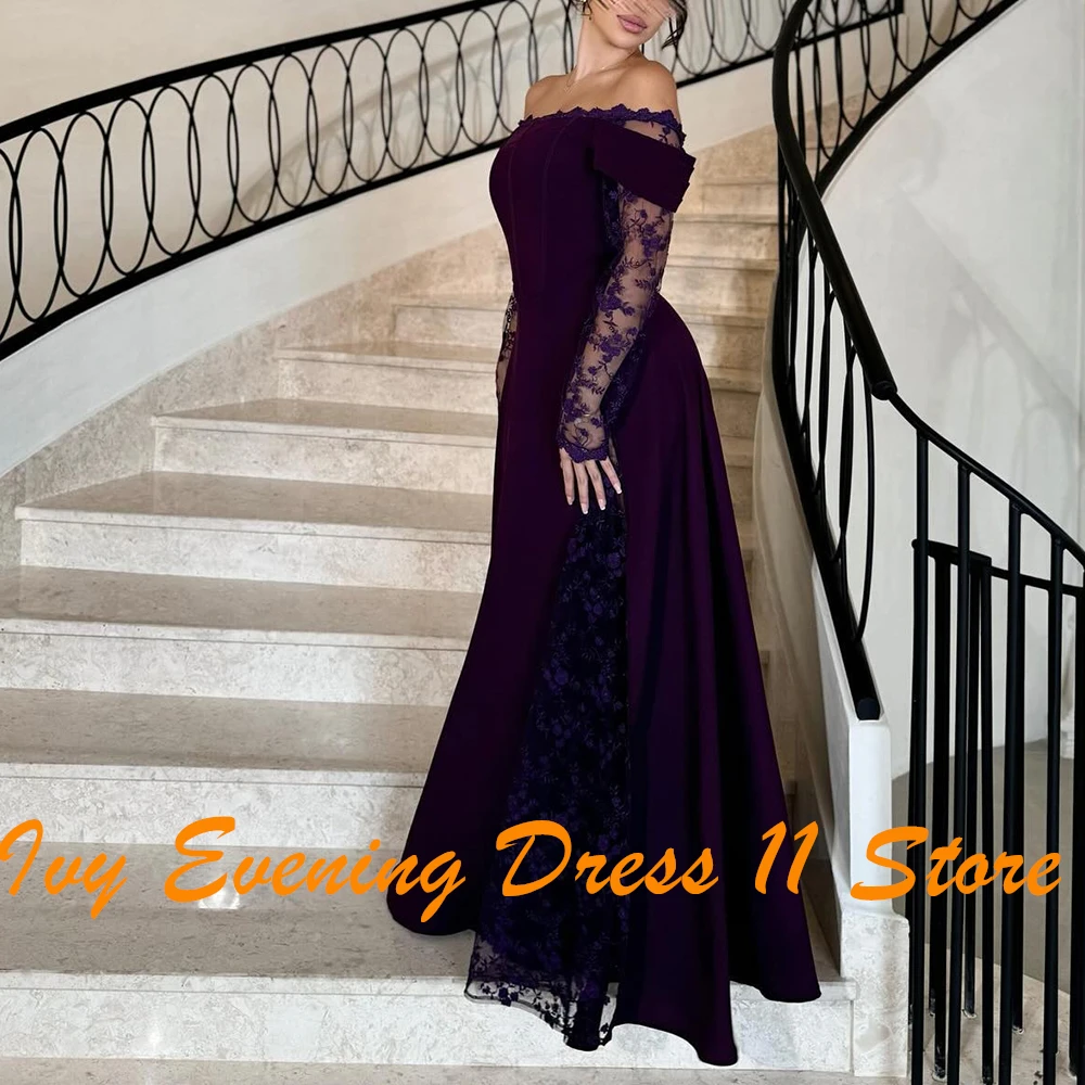 Customized Classic Boat Neck Off the Shoulder Long Sleeves Jersey Evening Dress Graceful Lace Pleats Photo Color Party Gown image 5