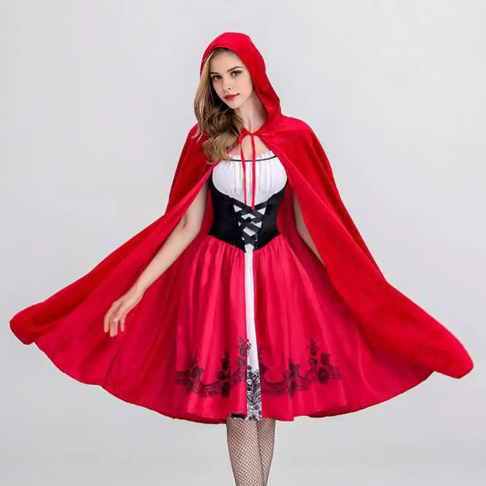 

Role Play Costume Set Women's Little Witch Maid Halloween Costume Set with Red Hat Cloak Dress Cosplay Outfit for Party Stage