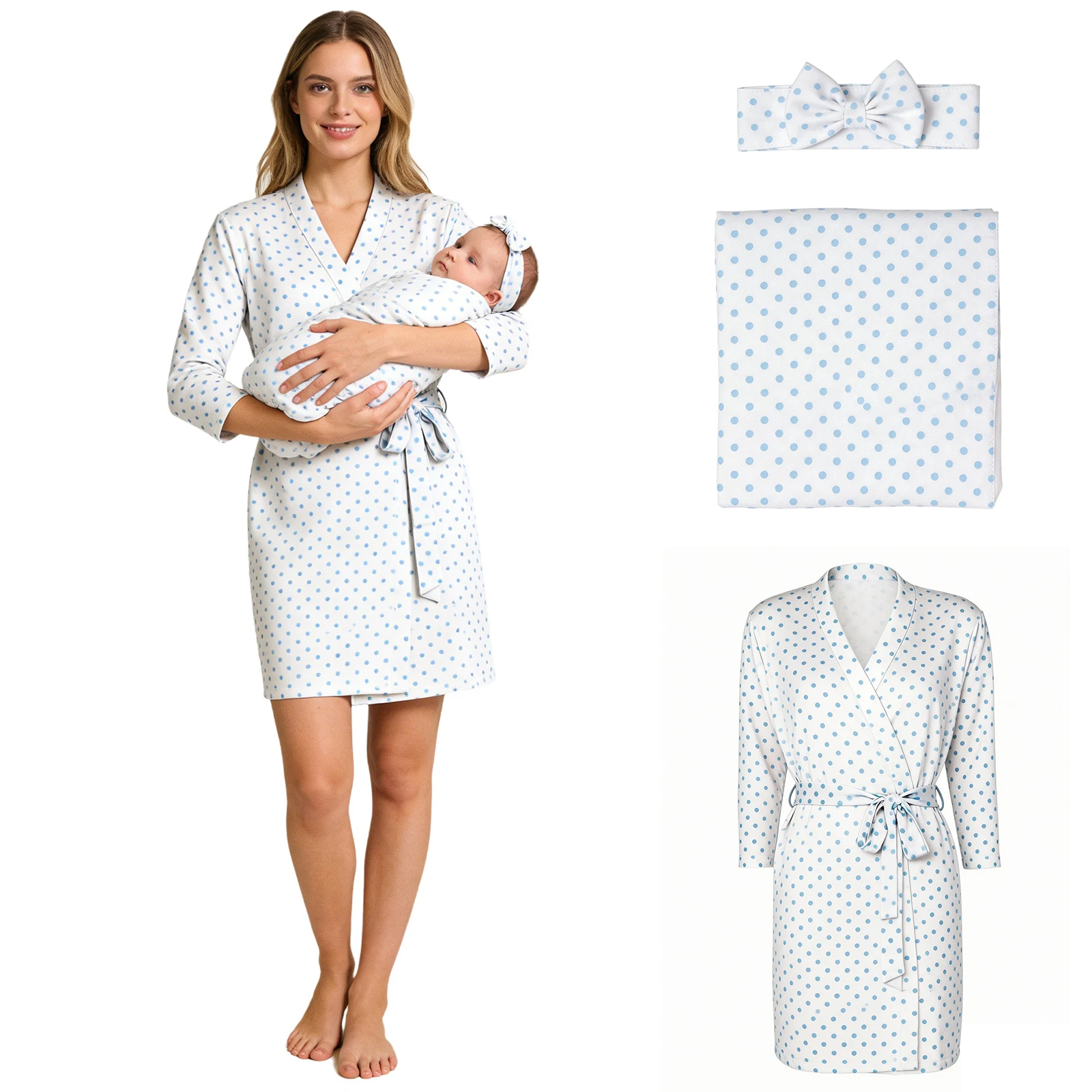 Mommy And Me Robe And Swaddle Set Maternity Labor Delivery Robe with Matching Baby Receiving Blanket Headband Hospital Outfits