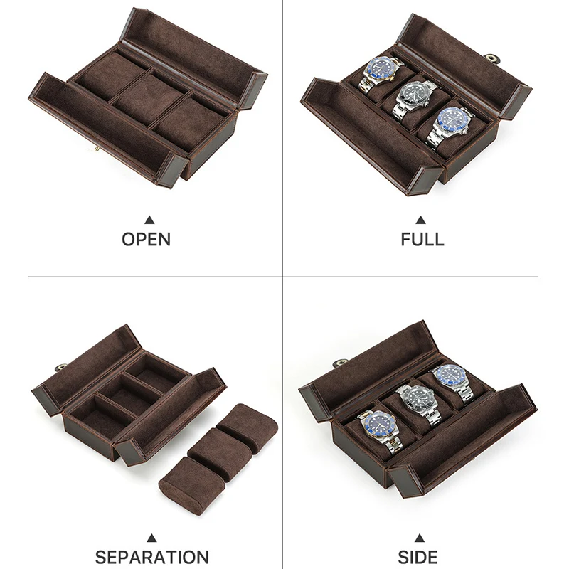 Double Open 3 PCS Watch Storage Organizer Box Magnectic Quick Access Closure Genuine Cowhide Leather Watch Case