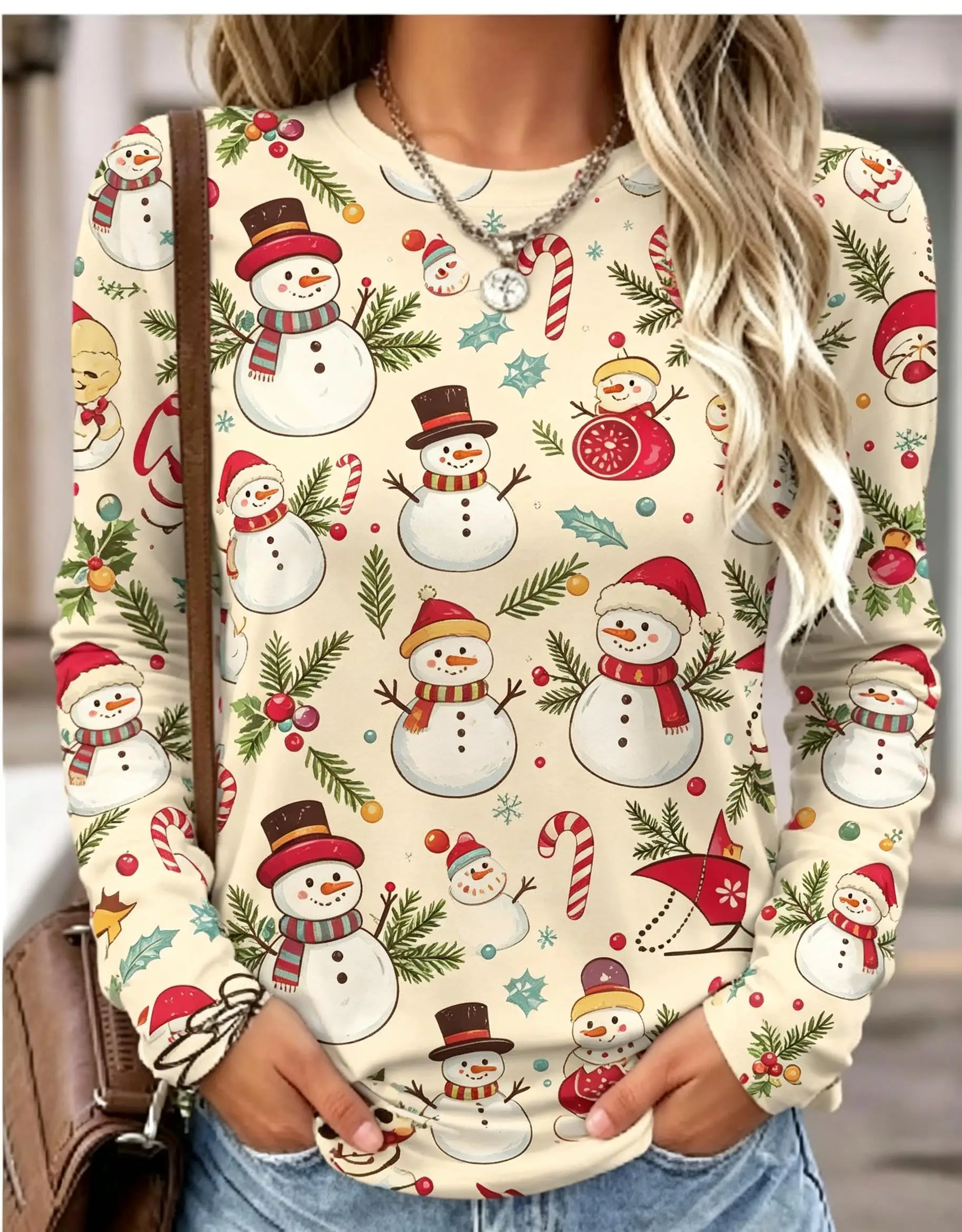 Women Long Sleeve T Shirt Christmas Candle Ornament Print Autumn Fashion Casual Holiday Party Top Women's Clothes