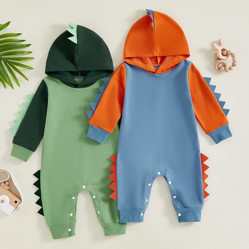 2024-05-31 Lioraitiin Baby Boys Rompers Hoodies Dinosaur Shaped Contrast Color Long Sleeve Infant Fall Bodysuits Jumpsuits