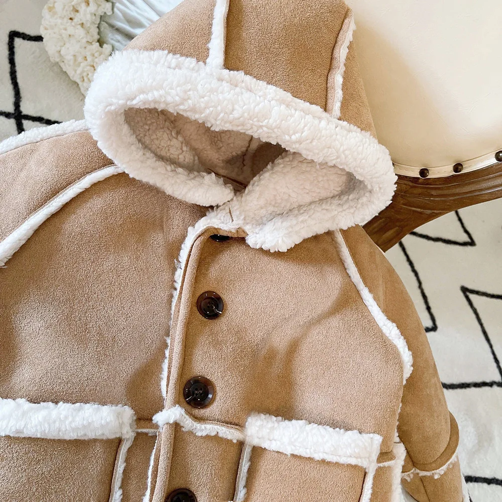 2024 Winter New Children Warm Lamb Fleece Coat Baby Vintage Hooded Jacket Plus Velvet Thick Boys Girls Cotton Padded Jacket