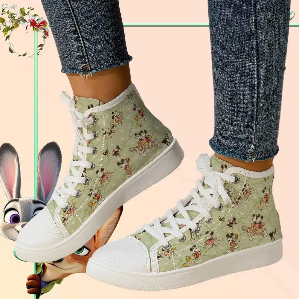 

Official Licensed Disney Mickey & Minnie High-Top Sneakers – Breathable Canvas, Retro Print, Casual Lace-Up Shoes for Women
