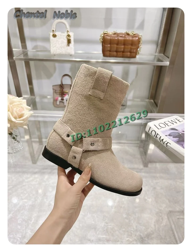 Black Leather Round Toe Ankle Boots Solid Flats Round Buckle Winter Women Shoes 2024 New Arrivals Fashion Luxury Design Fashion