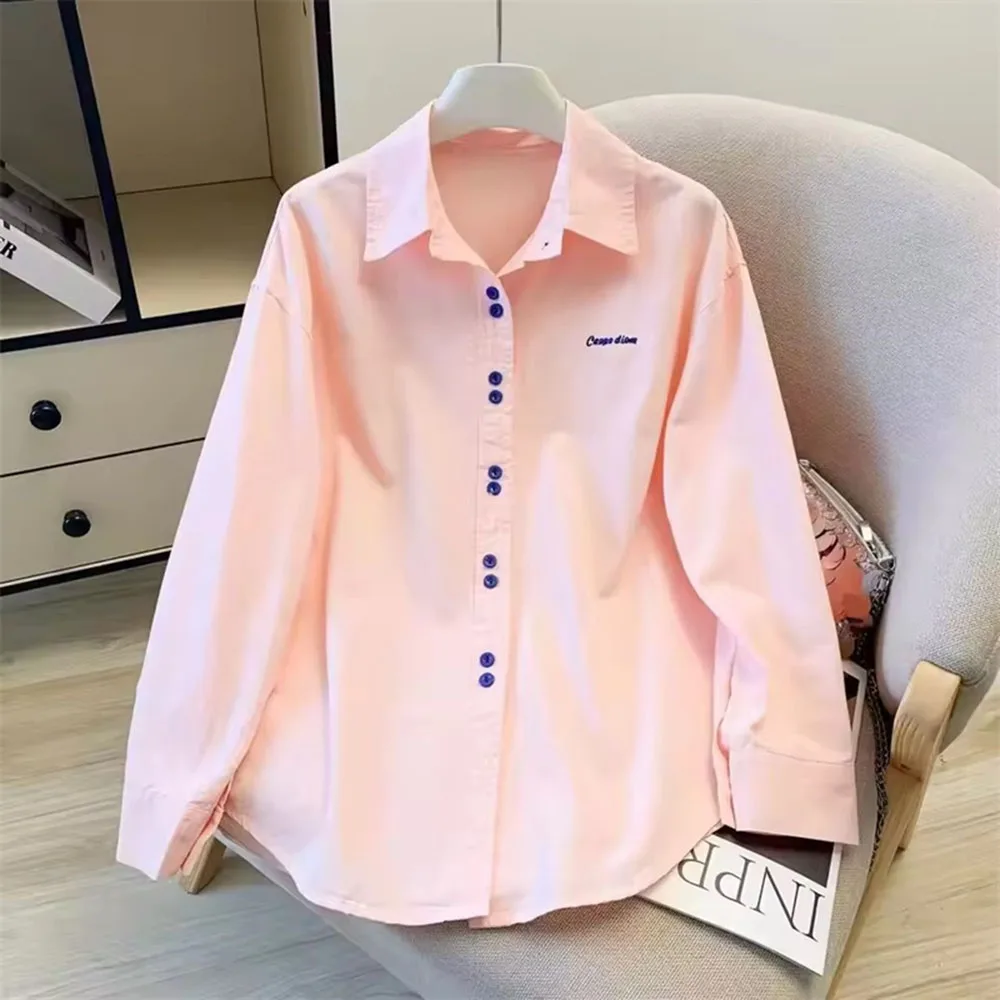 

Spring New Embroidered Joker Candy-colored Design Sense Small Contrasting Shirt Women's Long Sleeve Loose Shirt Coat Lady Top