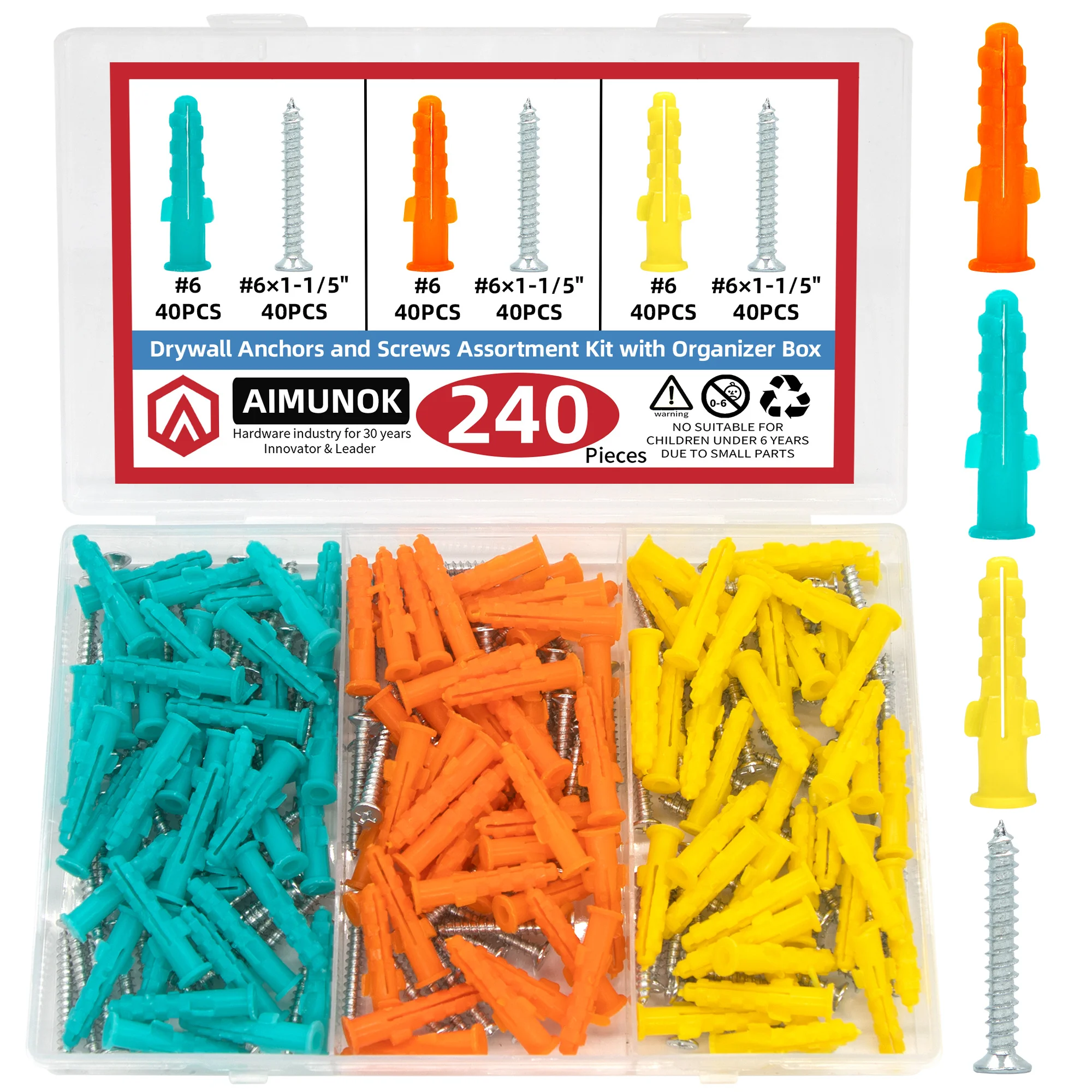 

240pcs Drywall Anchors and Screws Assortment Kit with Organizer Box #6 Plastic Expansion Anchors Drywall Anchors