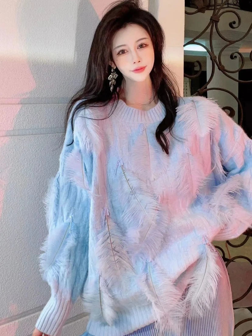 

Thiened Winter Sweater Women's 2025 New Design Bead Feather Loose Long Sve Knittedwear round Ne Pullover Warm Fluffy