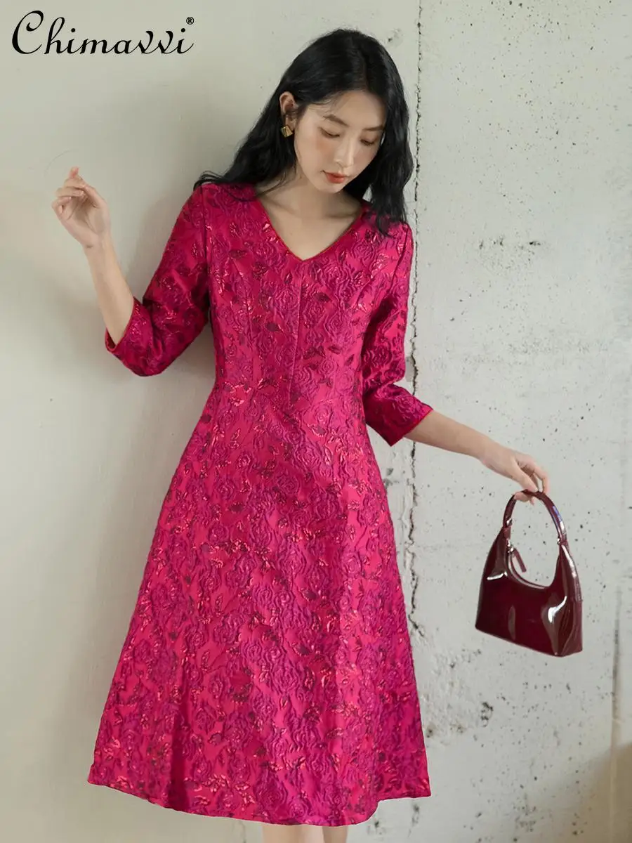 Heavy Industry Relief Elegant Dress 2025 Spring New Fashionable High-end Rose Jacquard Slim Fit Mid-length Dresses Women