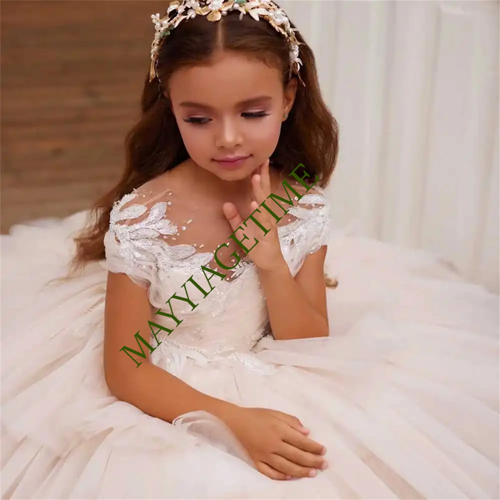 Elegant Girls Flower Girl Dresses Tiered Ruffles Pageant First Communion Dress Kids Sequined Lace Wedding Party Gowns