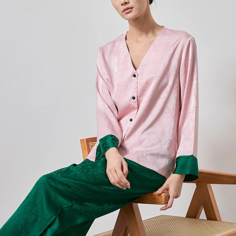Krismile Women's Pajama Sets 2025 Spring Autumn New Chinese Style Jacquard Spliced Single Breasted Top Straight Pants Satin Suit