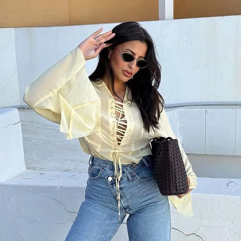 

YENKYE Elegant Lace Up Yellow Blouse Women Flare Sleeve V Neck Chiffon Loose Shirt Spring Summer 2025 Ladies Shirts Casual Tops