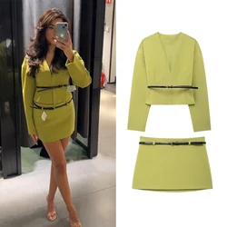 greatguy Women Fashion Chic Skirt Suits With Belt Female Hidden Buttons Cropped Blazer Side Zipper Skirt Outfits