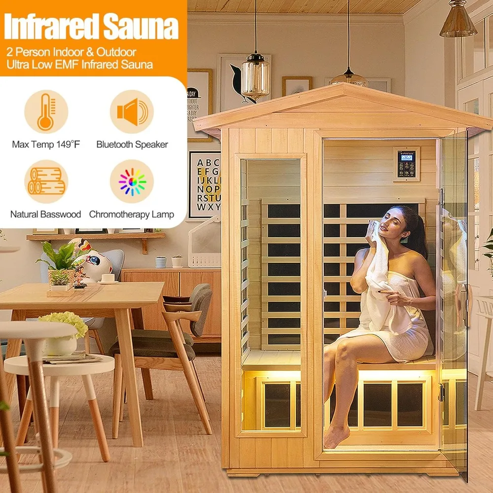 Outdoor Sauna 2 Person, Infrared Sauna for Home, Wooden Home Sauna, 6 Low EMF Heaters, 2 Chromotherapy Lights, 2 Bluetooth