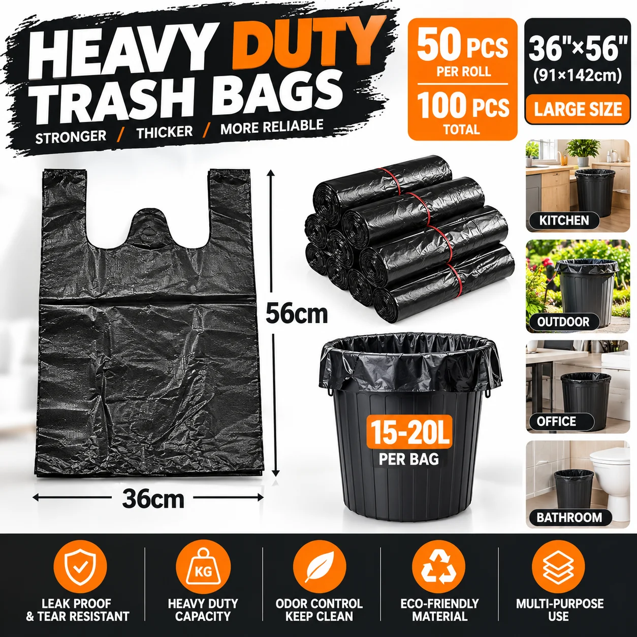 Heavy Duty Black Garbage Bags With Handles Extra Large Thick Trash Bags Moving Household Kitchen Outdoor Rubbish Bin Liners