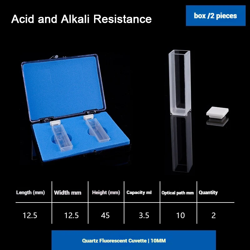 Cuvete fluorescente de quartzo, resistente a ácidos e álcalis, transmissão de luz, espectrômetro de fluorescência, laboratório 10mm-100mm 2 tamanhos