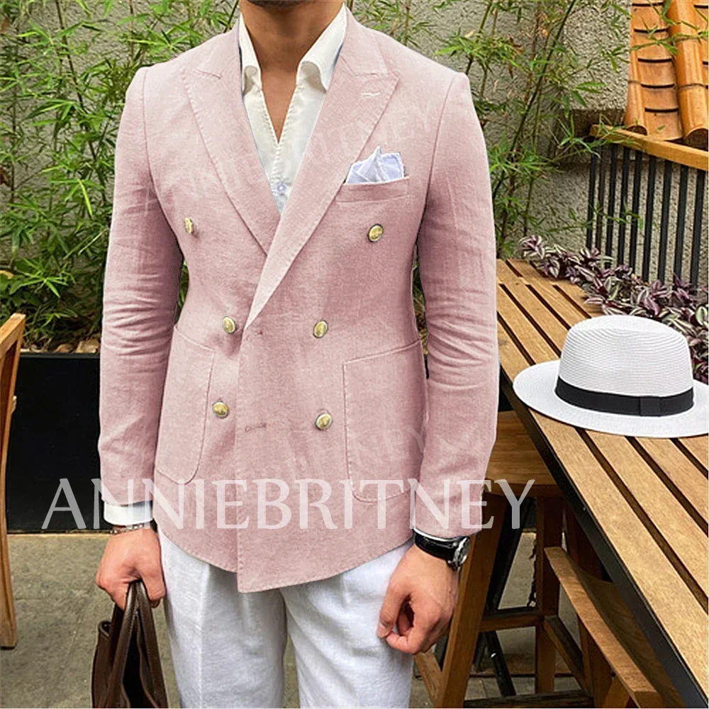 Summer Beach Linen Blazers Hombre 2024 Double-breasted Casual Men\'s Jacket Slim Fit Men\'s Social Coat Custom Made Blazer Hombre