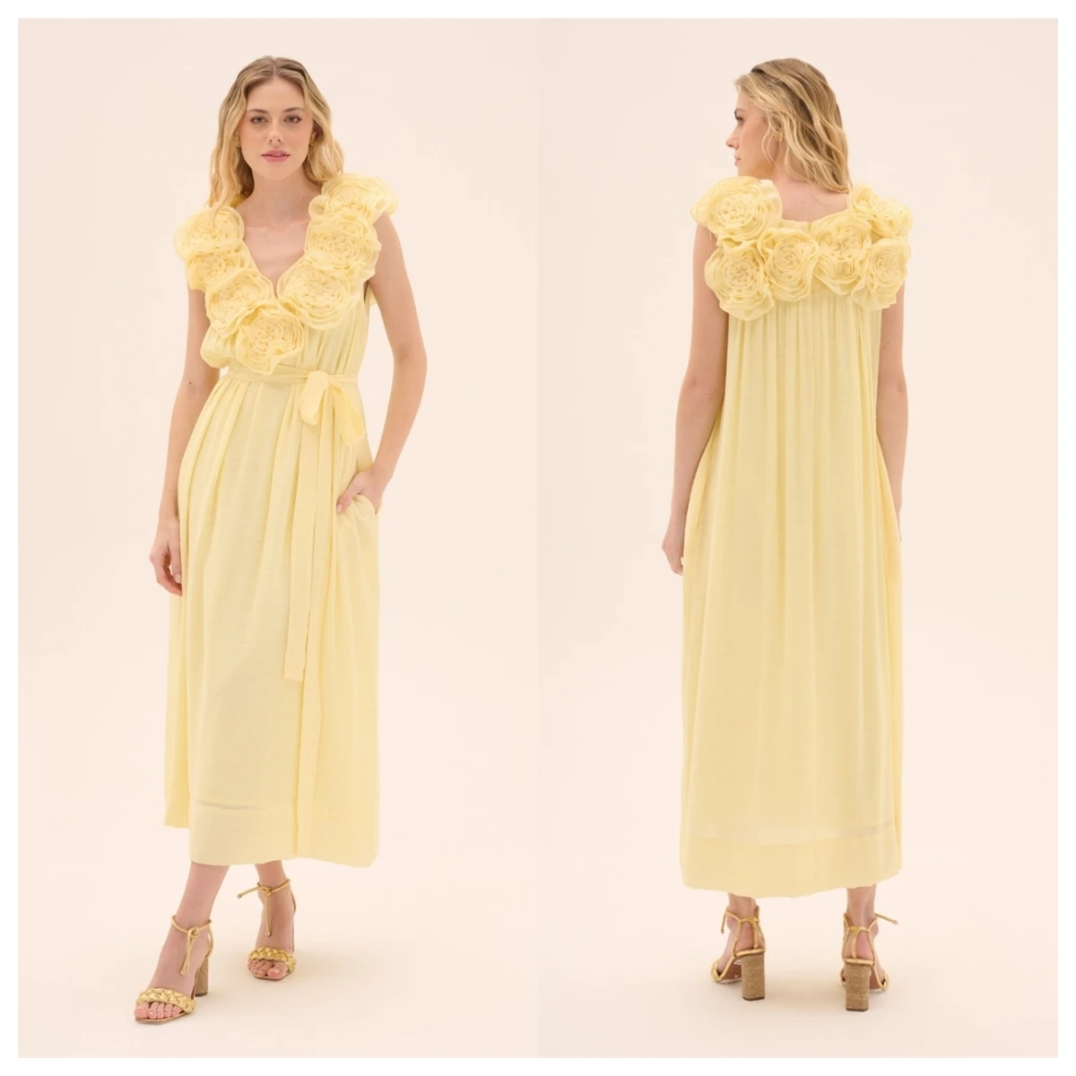 Vestido de noite de chiffon amarelo temperamento personalizado com decote em v sem mangas vestido de baile flores requintado