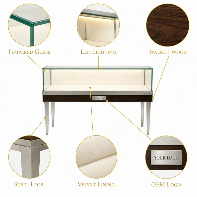 custom.Elegant LED Aluminium Jewelry Shop Cabinet Glass Wood Eco-Friendly Durable Recyclable Illuminated Mall Display Furniture